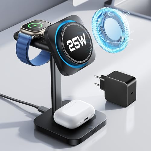 ESR 3-in-1 Magsafe Ladestation, QI2.2 Induktive Ladestation für iPhone 17 | 25W CryoBoost Ladegeräte für Apple, Magsafe Wireless Charger für iPhone 17e/16 mit iOS 26, Apple Watch, AirPods, 65W Adapter
