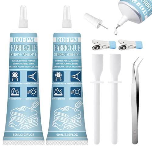 ROFPM Fabric Glue, Machine Washable Quick Dry Fabric Adhesive, Extra Strong Quick Bond Fabric Adhesive, Material Glue for Clothing Hemming, Leather, DIY Crafts, Doll Repair, Upholstery and Badges