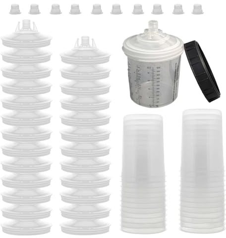 Einweg-Farbspritzpistolenbecher Set Für Hvlp- Und Lvlp-Lackierpistole, 600ml Lackmischbecher Kit Mit 30 Bechern Und Deckeln, 30 Filtern,2 Cup Adapter, 10 Stecker Und 1 Hartbecher Mit Haltering