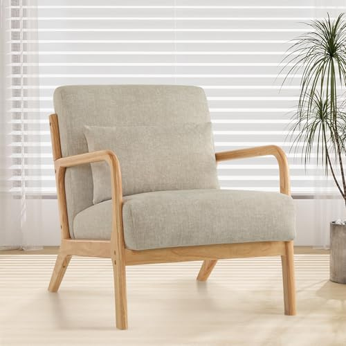 XH.Easy Go Accent Sessel mit Kissen,Moderner Polstersessel für Wohnzimmer,Lounge-Stuhl mit Armlehnen&Holzrahmen,bequemer Lesesessel,Stoff Hellgrau