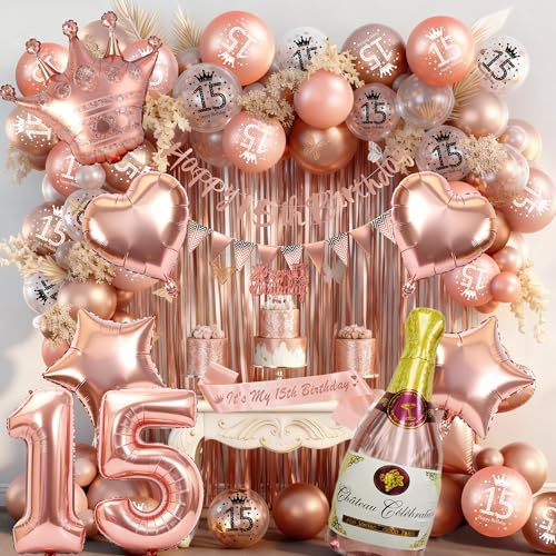 Rose Gold 15th Birthday Decoration for Girls - Happy 15th Birthday Banner, Triangle Flag Banner, Number 15 Balloons, Foil Curtains for Party Decorations