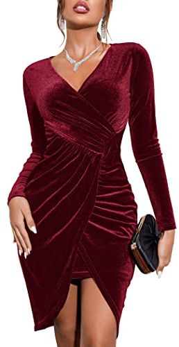 ZEAGOO Damen Samtkleid Langarm Elegant Cocktailkleid V-Ausschnitt Hohe Taille Bodycon Partykleid glänzend Club Dress