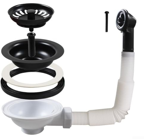 TDCuizent 304 Stainless Steel Black PVD Coated Sink Strainer and Waste Basket Set with Adjustable Overflow Pipe Anti-Clog Elliptical Holes for Debris Filtering Easy Installation for Kitchen Sinks