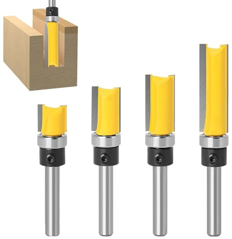 1/4 Shank Flush Trim Pattern Router Bit, 4 Pcs Professional Router Bits 1/4 Shank with Bearing, Woodworking Routers Bits for Decorative Wood Finishing, Milling and Trimming