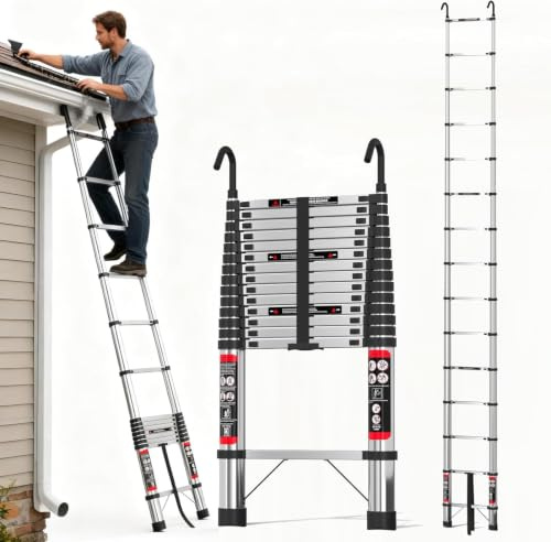 5m Telescopic Ladder with Detachable Hooks - Stable & Adjustable Height | Heavy Duty Stainles Steel Loft Ladder for Home & Outdoor Use, Anti-Slip Steps, 150kg Load, Compact Storage