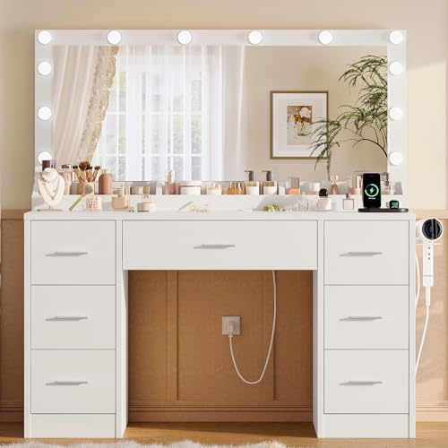 SLINEMO Schminktisch mit Große Spiegel und Steckdose, Schminktisch mit Beleuchtung, 7 Schubladen, 3 offene Zellen, Moderner Kommode, Schlafzimmer, Weiß