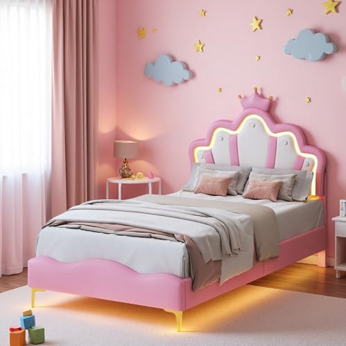 Hoscullo Mädchenbett 90x200 mit Krone, Einzelbett Prinzessinnenbett mit LED, Kinderbett Polsterbett für Mädchen mit Verstellbares Kopfteil, PU-Leder, Rosa