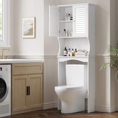 Aptliton Over The Toilet Storage Cabinet with Shutter Doors, Freestanding Bathroom Organizer with Adjustable Shelf, Space Saving Toilet Rack for Small Bathrooms, White