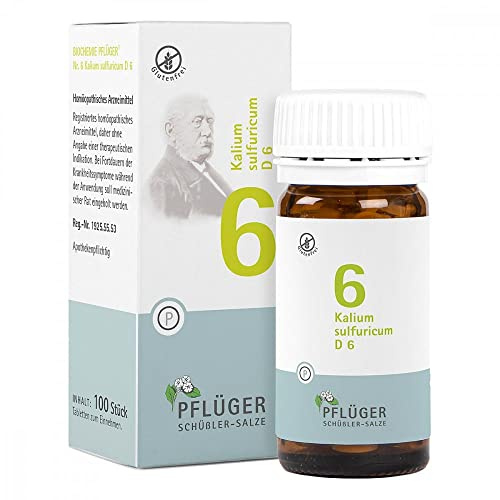 PFLÜGER Schüßler-Salz Nr. 6 Kalium sulfuricum D6, 100 Tabletten | Das Salz des Zellinneren, Schüssler Salze im Arzneiglas, glutenfrei, Arzneimittel