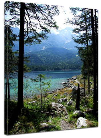 Bilderdepot24 Bild auf Leinwand | Eibsee mit Zugspitze - Deutschland in 40x50 cm als Wandbild | Wand-deko Dekoration Wohnung modern Bilder | 170174