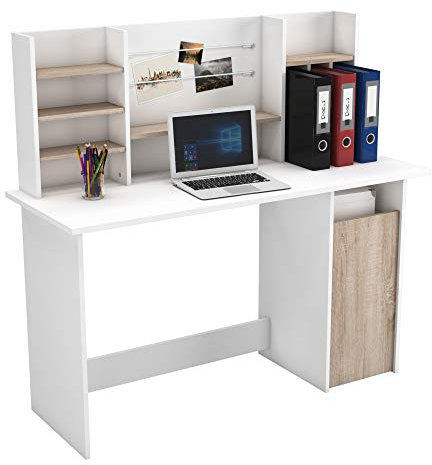 Mesa de Ordenador Escritorio con altillo 135cm. Blanco y Roble. para habitación Juvenil, Estudio, despacho.