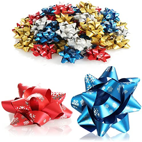 com-four® 48x Geschenkschleife in tollen Farben - selbstklebende Dekoschleifen mit Muster für Weihnachten und Geburtstag (048 Stück - Flocke - 4 Farben)