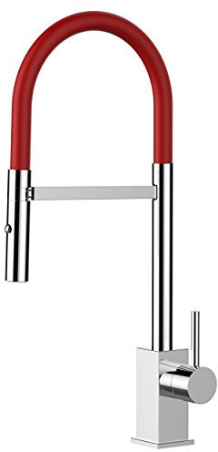 VIZIO Einhebel Küchenmischer mit schwenkbarem Auslauf und abnehmbarer 2 Strahl Handbrause/CHROM - Rot/Profi/quadratischer Design/Restaurant/Haus