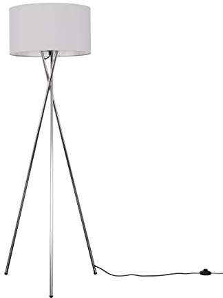MiniSun | Modern Polished Chrome Metal Tripod Floor Lamp with a Pale Grey Shade | Home Décor, Bedside & Desk Lamp