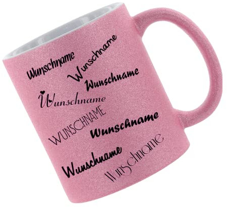 Crealuxe Glitzertasse Pink 'Wunschname' personalisiert, Kaffeetasse, Bürotasse