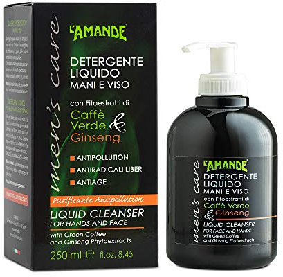 L'AMANDE - Sapone Liquido Mani e Viso Fresco e Delicato, Bagnoschiuma Uomo, Gel Detergente Nutriente e Idratante, Sapone Mani con Oli Essenziali al Profumo di Caffè Verde e Ginseng - Men's Care 300 ml