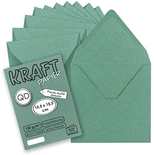 50x Vintage-Umschläge quadratisch aus eukalyptus-grünem Kraftpapier - nachhaltig - 15,5 x 15,5 cm - Nassklebung Spitzklappe - NEUSER PAPIER