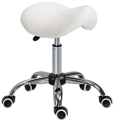HOMCOM Tabouret à roulettes, tabouret de massage avec hauteur réglable 49-61 cm et selle ergonomique, chaise de travail à roulettes pivotant 360°, pour salon de massage, tatouage, clinique, spa, blanc