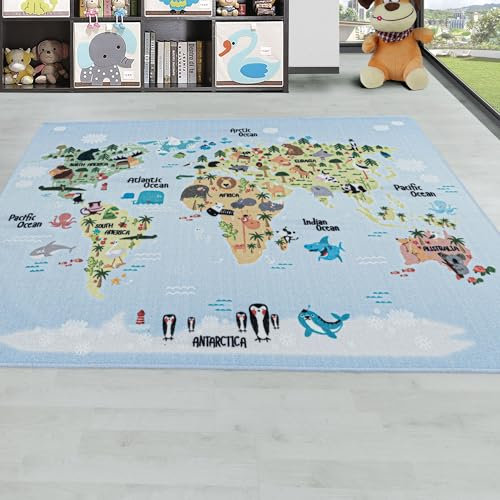 Carpetsale24 Kinderteppich Weltkarte mit Tieren Design Blau 100 x 150 cm - Kurzflor Teppich Kinderzimmer für Jungen und Mädchen Weich und Pflegeleicht - Waschbar Spielteppich Babyzimmer Babyteppich