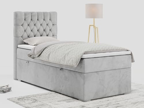 MKS MEBLE Grau Boxspringbett 90x200 - Doppelbett Polsterbett mit Multipocket-Matratze H3 und Topper - Stauraumbett mit Matratzenauflagen - Dalia