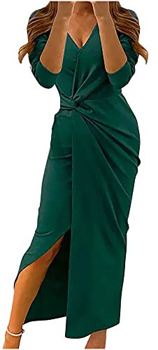 AMhomely Women's Elegant Sexy Casual V-Neck Long Sleeve Solid Color High Split Sheath Ankle-Length Plus Size Party Vintage Green Dress