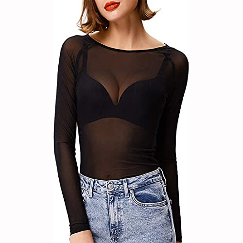 VisSec Crop Top Sexy Mujer Camiseta Transparente de Mujer Top Blusa Ajustada de Manga Larga Tops Cortos T Shirt Slim Chic Clubwear Casual Noche de Cuello Redondo Alto Bodycon Elástico,S-3XL