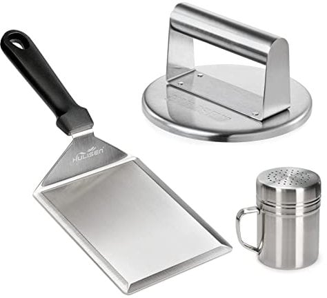 HULISEN Smashed Burger Kit, Stainless Steel Burger Press with Edge, Grill Spatula and Spice Dredge Shaker - Burger Smasher Griddle Accessories Kit for Flat Top Griddle Grill Cooking, Gift Package