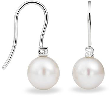 Miore Schmuck Damen 0.06 Ct Solitär Diamant Ohrhänger mit weiße runde Süßwasserperle Ohrringe aus Weißgold 14 Karat / 585 Gold