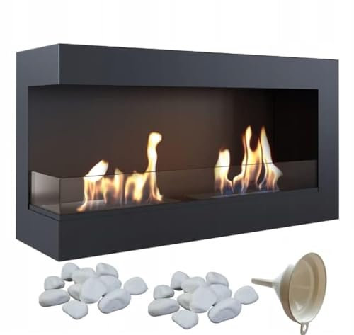 KRATKI Delta 900 Bio Ethanol Eckkamin links + Kieselsteine 2 kg + Trichter | Wand- oder Nischenmontage l Biocontainer 0,5 l, TÜV | Stahl, 48 x 90 cm, Verglasung, Schwarz