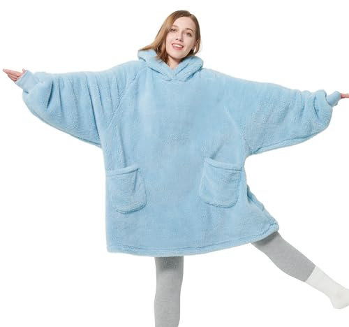 BEDSURE Hoodie Decke mit Ärmeln - Kuschelpullover als Geschenke für Frauen - Tragbare Decke zum Anziehen Erwachsene Kuscheldecke mit Ärmeln Weich Warm Geschenke für Freundin Mütter, Hellblau 95x85 cm