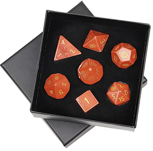 mookaitedecor 7 Stücke Kristall Polyedrische DND Würfel Set, Polierte Trommelsteine Würfel für RPG MTG Tischspiele Heim Dekoration, Roter Jaspis