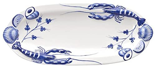 Verano Spanish Ceramics Coastal Oval Seafood Tray Snacks Nibbles Appetisers Hand Painted Serving Dishware - Suitable for Home Dining Room Kitchen Table Restaurant Café Seaside Décor - 48 x 21cm