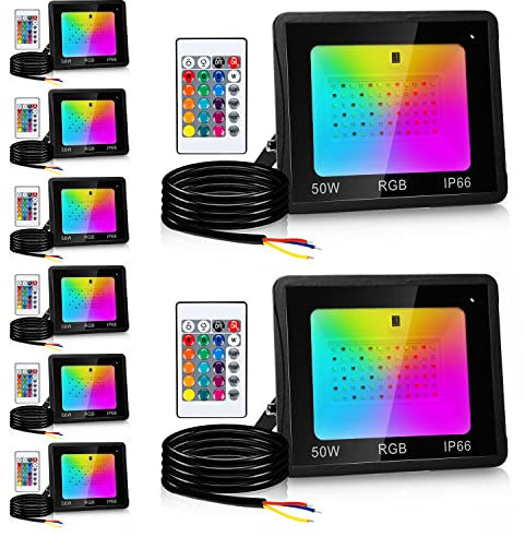 Ikodm RGB Strahler mit Fernbedienung, 8er 50W Bunt Dimmbar LED Fluter, Wasserdicht Außen Farbwechsel scheinwerfer mit 16 Farben 5 Modi, Memoryfunktion, für Halloween Bühne Weihnachten Deko