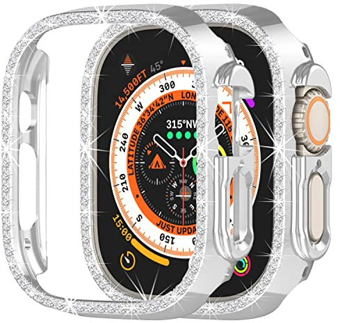 Kompatibel mit Apple Watch Ultra 3 /Ultra 2 /Ultra 49mm Bling Diamond Case PC Stoßfänger Schutzhüllen Frauen Mädchen Kristall Glänzende Strass Hüllen Smartwatch Zubehör Hülle (Silber)