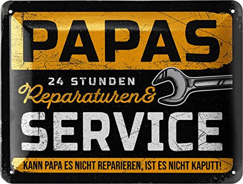 LANOLU Blechschild PAPAS SERVICE - Schild Werkstatt Papa - Geburtstagsgeschenk oder Vatertagsgeschenk Schild für Vater - lustige retro Deko mit Spruch, 15x20 cm