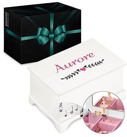Maverton Boîte à Bijoux Musicale personnalisée avec ballerine - 17x11x9 Coffret à trésors avec impression pour petite fille - Boite a Musique Rangement Bijoux - Cadeau Personnalisé - Cœur