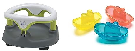 Rotho Babydesign Baby Badesitz, Mit aufklappbarem Ring inkl. Kindersicherung & Playgro Badeboote, 3 Stück, BPA-frei, Ab 6 Monaten, Bright Baby Boats, Blau/Rot/Gelb, 40146