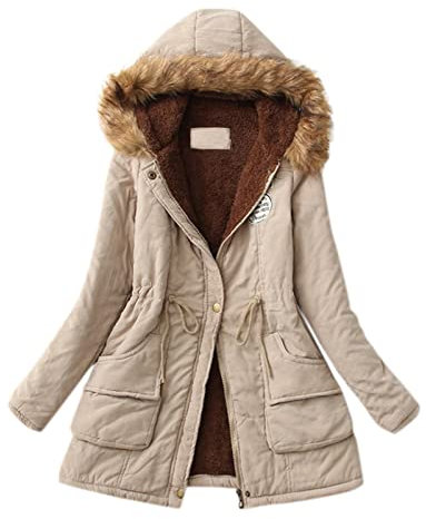 Übergangsjacke Leichte Daunenjacke Steppmantel Steppjacke Damen Mantel Herbst Winterjacke Lang Pelzige Kapuze Pufferjacke Daunenmantel Winddicht Jacke Outdoorjacke Warmer verdickter (Beige, XL)