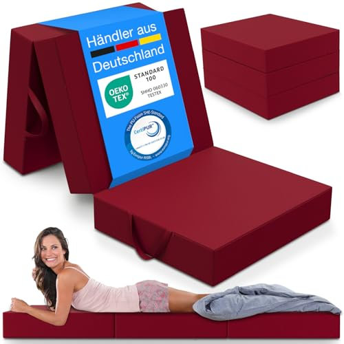 ELONEO materassino pieghevole per ospiti, materasso pieghevole a 3 parti, spugna extra spessa (15cm), lavabile, cubo a disco intervertebrale, adulti (rosso, 75 x 195 x 15 cm)