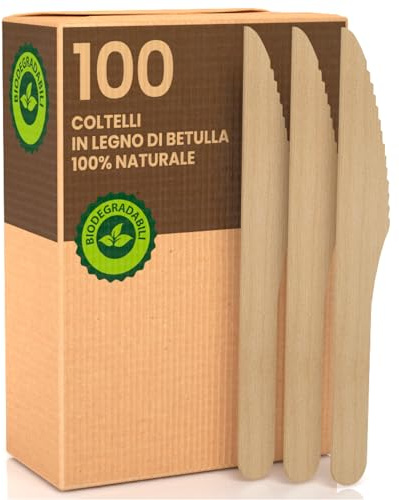 100 Coltelli Ecologici in Legno di Betulla Monouso 100% Naturali Biodegradabili e Compostabili 100 Posate Usa e Getta