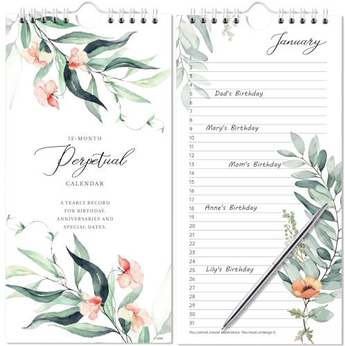 Ewiger Kalender – 12 Monate undatierter Kalender von JAN bis DEC, 12,7 x 25,4 cm, ewiger Kalender zur Erinnerung an Jubiläen, Geburtstage, Festivals, Geburtstagserinnerungsbuch mit dickem Papier,