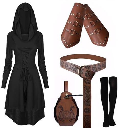 CNVAUIE Conjunto de vestido medieval con capucha para mujer, conjunto de disfraz renacentista con protectores de brazos, cinturón, cinturón, medias y accesorios