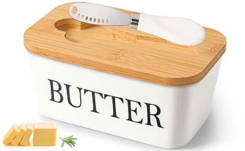 Butterdose mit Holzdeckel, Butterdose Keramik mit Buttermesser, Multifunktion Butterdose Porzellan, 250 g Butter Dish, Butterglocke, Butterbox