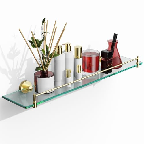 KOCOK 61 cm Badezimmerregale aus Glas, gebürstetem Gold schwimmende Regale für Wand rechteckige moderne Edelstahl-Glasböden für Badezimmerregale Wand montiert