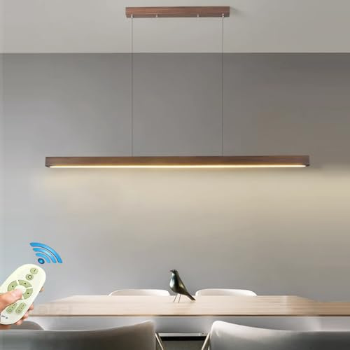 Pendelleuchte Holz Esstisch Esszimmer Lampen LED Hängelampe Dimmbar Hängeleuchte Wohnzimmer Küche Büro Hängend Leuchte Moderne linear Kronleuchter mit Fernbedienung Pendant Lampe (Braun L120)