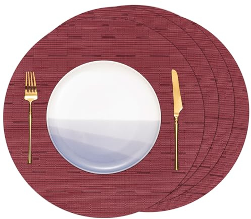 Banchif Platzsets abwaschbar Tischsets abwaschbar Rund 38 cm Platzdeckchen | Platzsets abwaschbar 4er Set Platzdeckchen PVC Rund rutschfest Tischsets abwischbar gewebte Vinyl (Rot)
