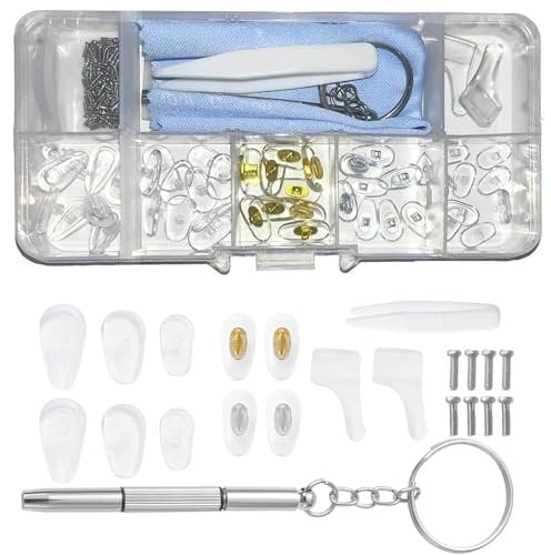 Glasses Repair Kit,25 Pairs Spectacles Repair Screws Set with Screws Screwdriver Tweezers Cleaning Cloth Ear Hooks Screw-in Nose Pads Glasses Repair Kit Glasses Nose Pads Silicone for Most Eyeglasses