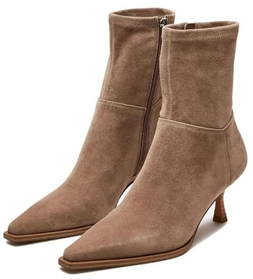 Atsroel Womens Brown Suede Fall Boots with Side Zip, Ankle, Mid Calf, Pointed Toe, Kitten Heel, Dressy Short Boots