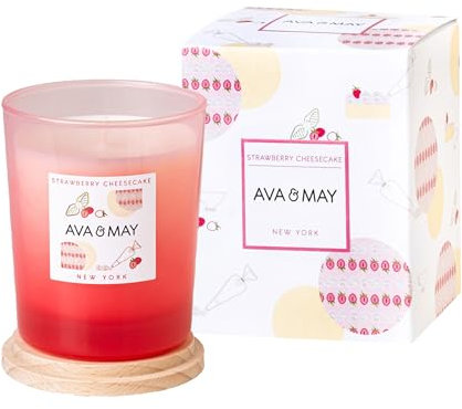 AVA & MAY Strawberry Cheesecake Duftkerze (180 g) – vegane Sojawachs-Kerze mit 40 Stunden Brenndauer – mit hochwertigem Duftöl aus Englische Rose, Erdbeere und Vanille