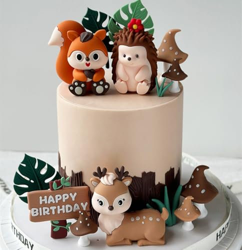 JeVenis Figurines d'animaux de la forêt pour gâteau d'anniversaire, renard, cerf, hérisson